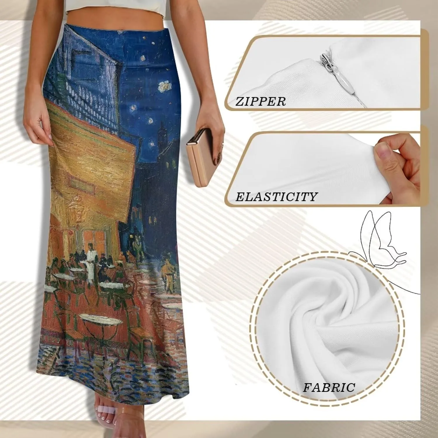 Oil Painting Printed Women's Party Long Flare Maxi Zipper Elegant Skirt High Waisted A-Link Long Maxi Skirt