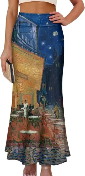 Oil Painting Printed Women's Party Long Flare Maxi Zipper Elegant Skirt High Waisted A-Link Long Maxi Skirt