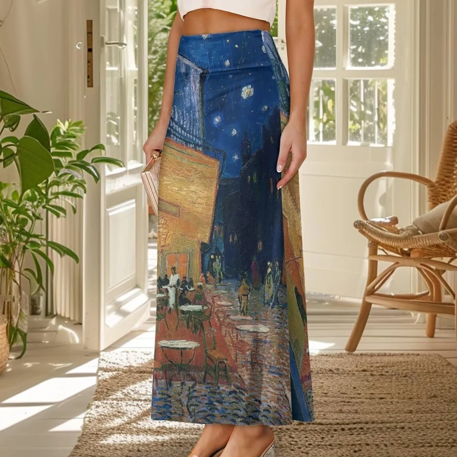 Oil Painting Printed Women's Party Long Flare Maxi Zipper Elegant Skirt High Waisted A-Link Long Maxi Skirt