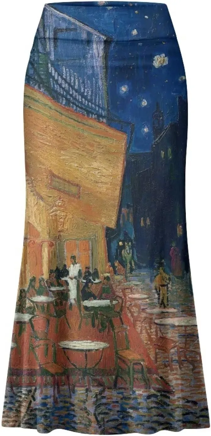 Oil Painting Printed Women's Party Long Flare Maxi Zipper Elegant Skirt High Waisted A-Link Long Maxi Skirt