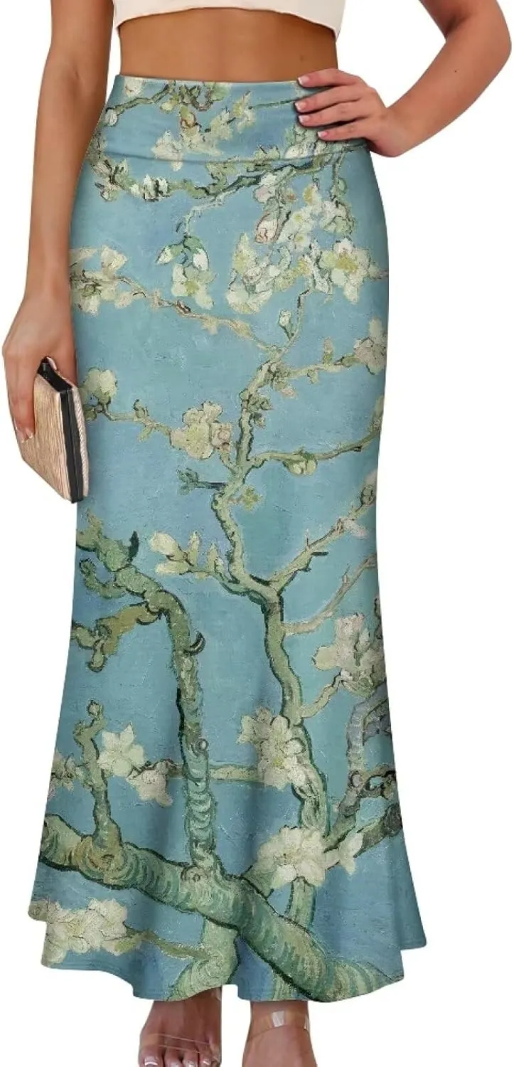 Oil Painting Printed Women's Party Long Flare Maxi Zipper Elegant Skirt High Waisted A-Link Long Maxi Skirt