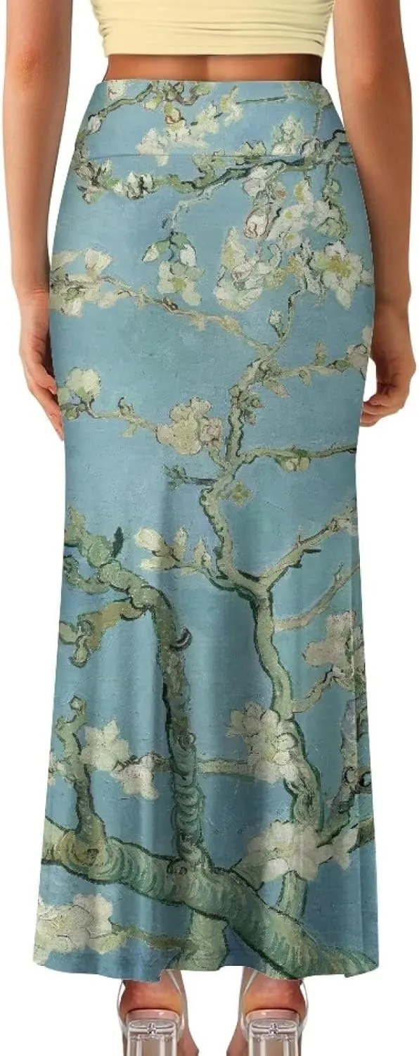 Oil Painting Printed Women's Party Long Flare Maxi Zipper Elegant Skirt High Waisted A-Link Long Maxi Skirt