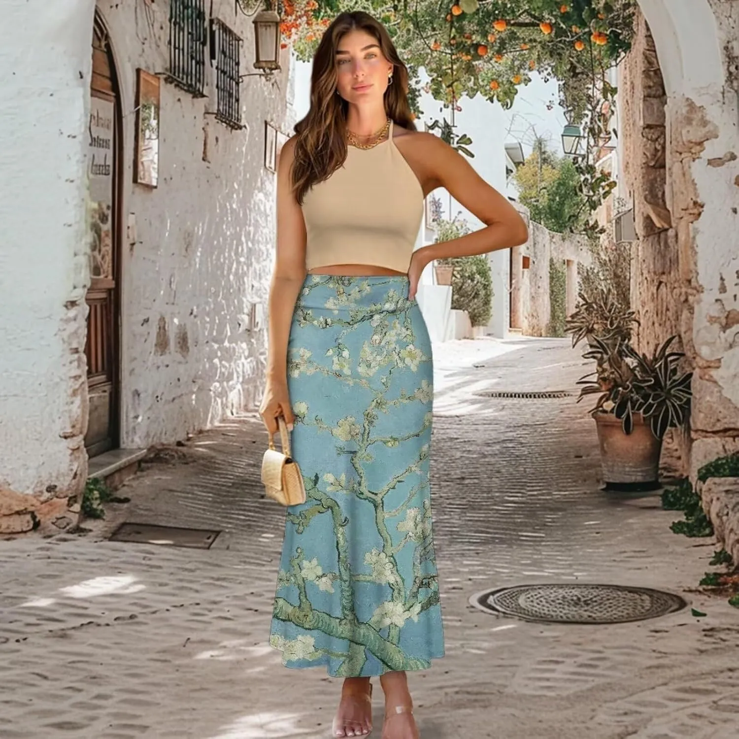 Oil Painting Printed Women's Party Long Flare Maxi Zipper Elegant Skirt High Waisted A-Link Long Maxi Skirt