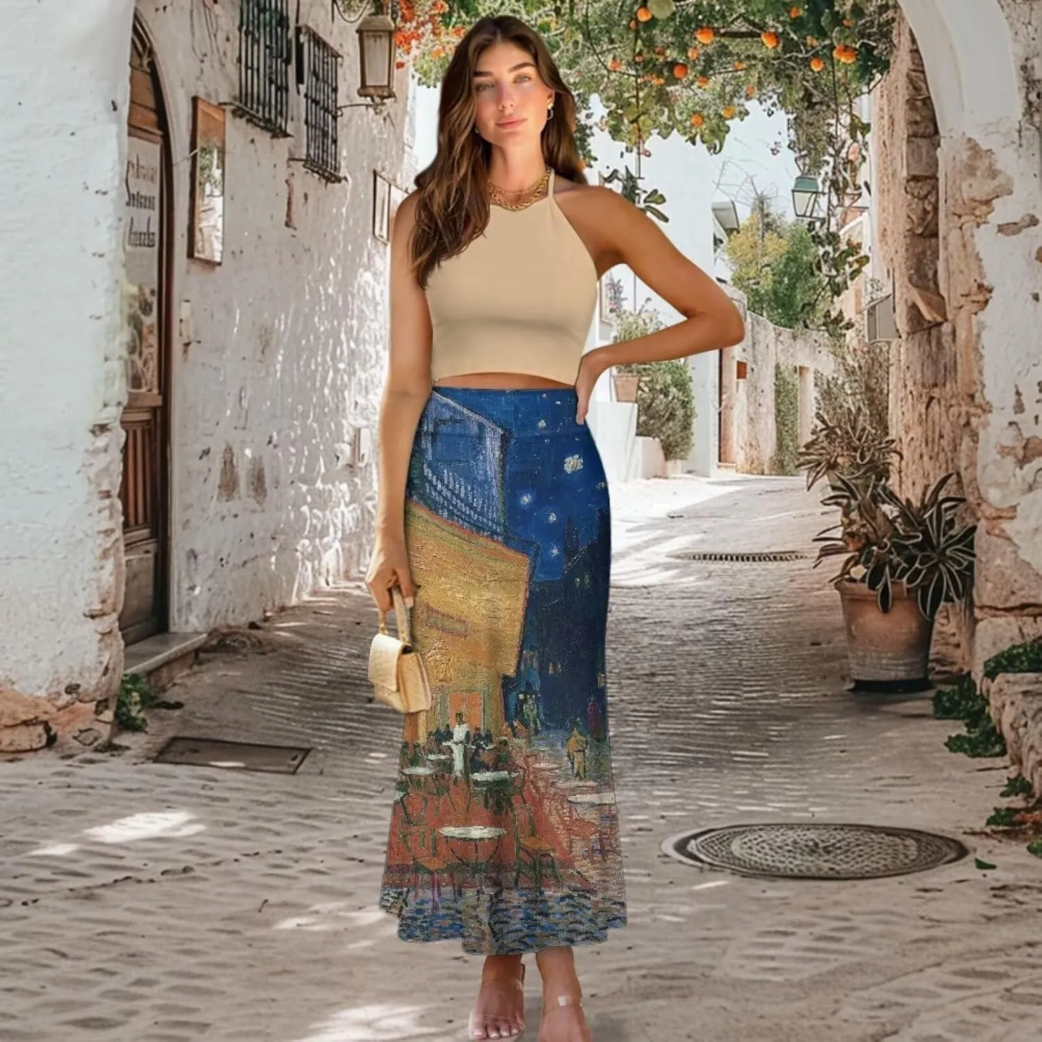 Oil Painting Printed Women's Party Long Flare Maxi Zipper Elegant Skirt High Waisted A-Link Long Maxi Skirt