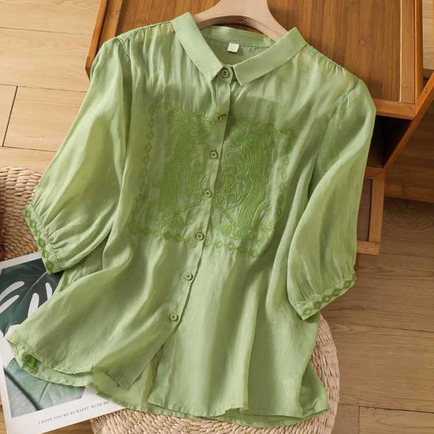 Peter Pan Collar Cotton Linen Shirt for Women Summer Lightweight Half Sleeve Button Up Tunic Tops Casual Boho Blouse