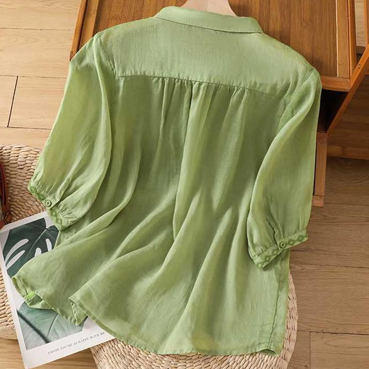 Peter Pan Collar Cotton Linen Shirt for Women Summer Lightweight Half Sleeve Button Up Tunic Tops Casual Boho Blouse