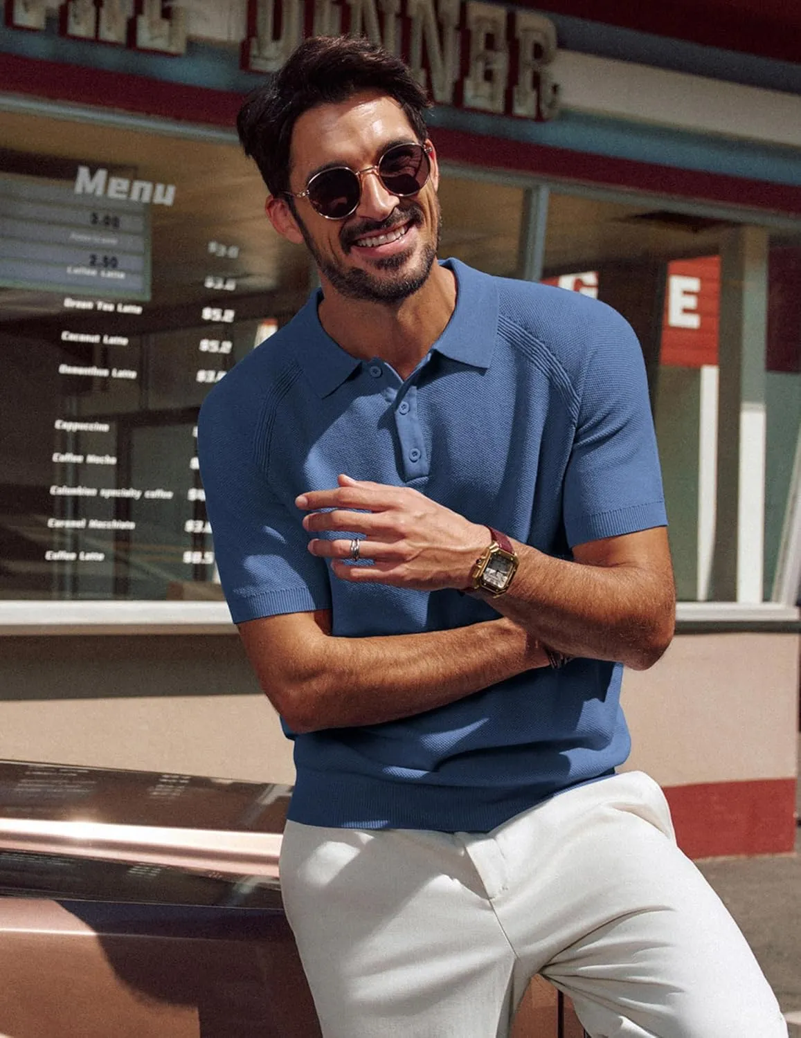 PJ PAUL JONES Men's Polo Shirt Short Sleeve Textured Knit Button Shirts Raglan Sleeve Casual Golf Shirt