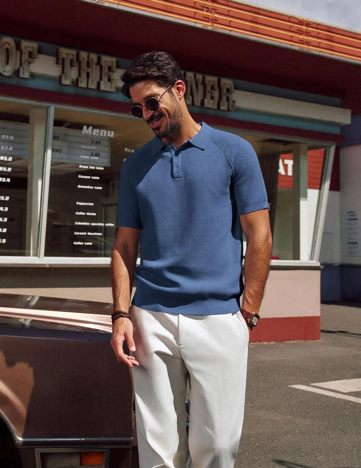 PJ PAUL JONES Men's Polo Shirt Short Sleeve Textured Knit Button Shirts Raglan Sleeve Casual Golf Shirt