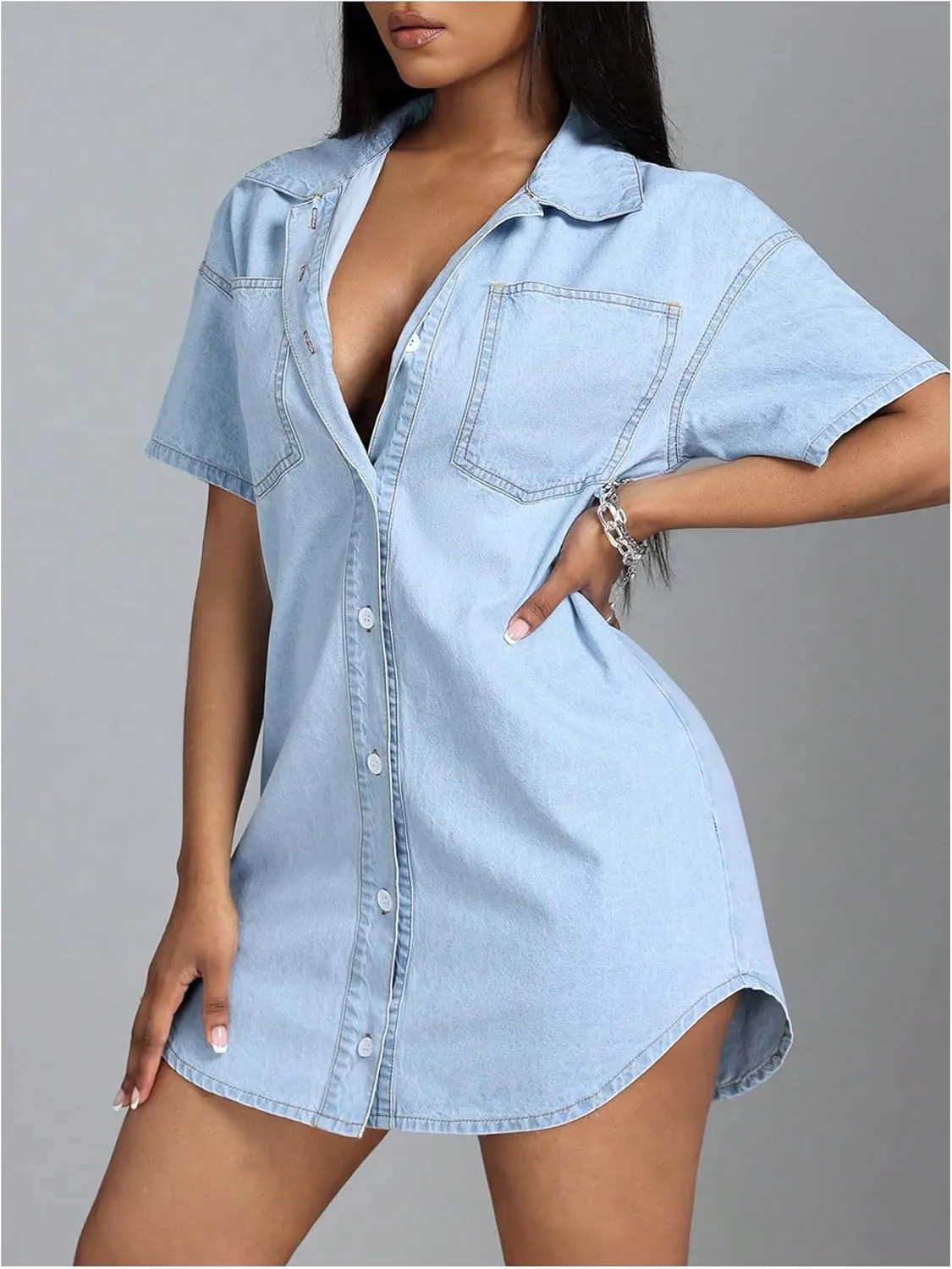SHENHE Women's Denim Shirt Dress Button Down Short Sleeve Jean Shirt Dresses Mini Dress