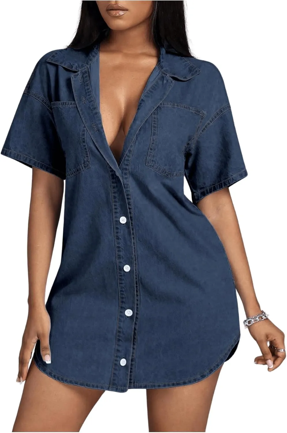 SHENHE Women's Denim Shirt Dress Button Down Short Sleeve Jean Shirt Dresses Mini Dress