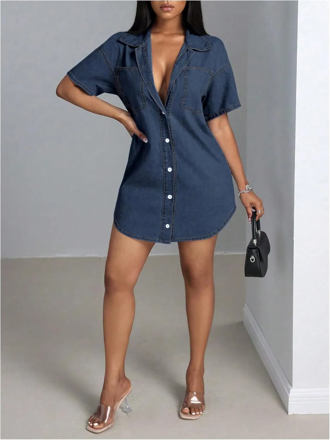 SHENHE Women's Denim Shirt Dress Button Down Short Sleeve Jean Shirt Dresses Mini Dress
