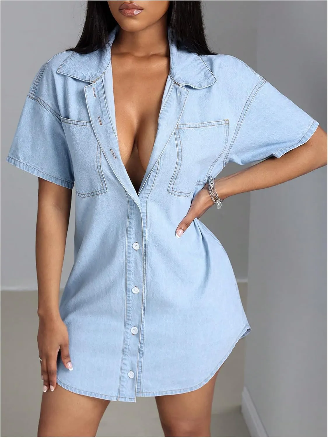 SHENHE Women's Denim Shirt Dress Button Down Short Sleeve Jean Shirt Dresses Mini Dress