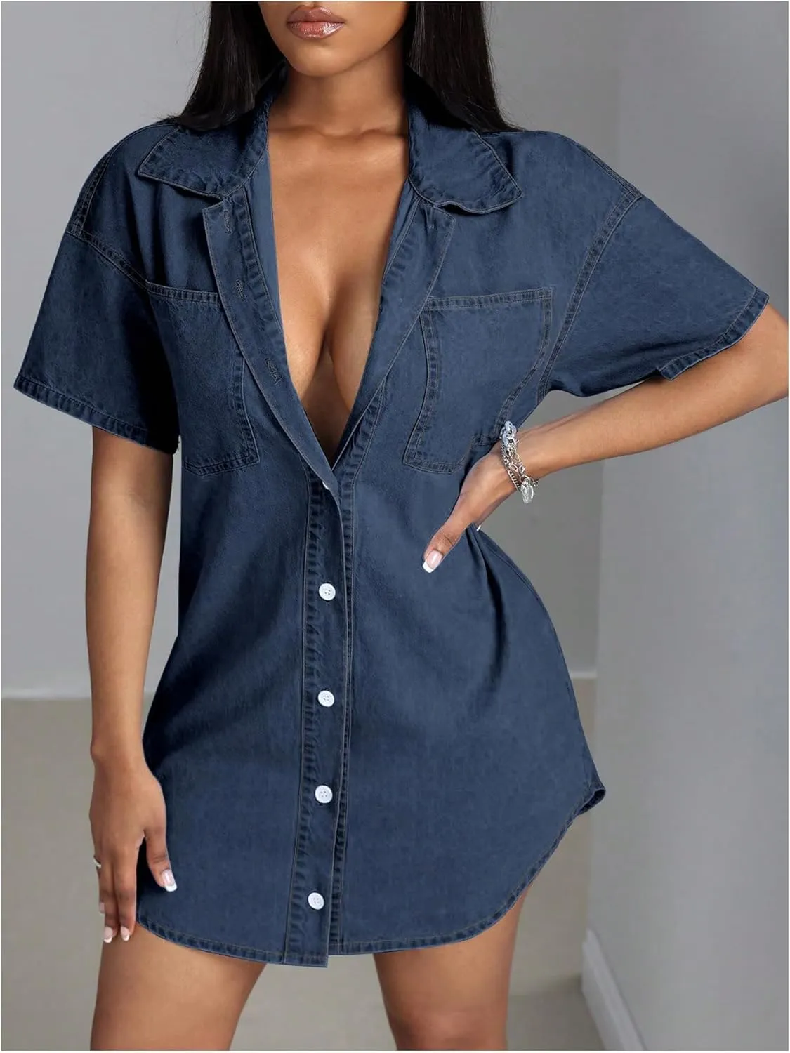 SHENHE Women's Denim Shirt Dress Button Down Short Sleeve Jean Shirt Dresses Mini Dress