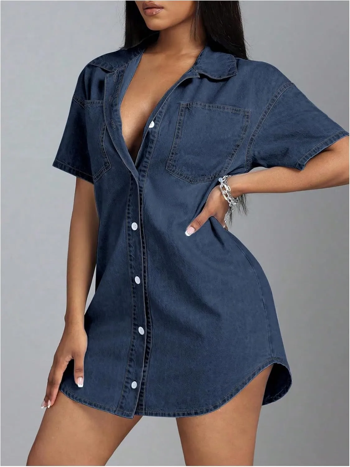 SHENHE Women's Denim Shirt Dress Button Down Short Sleeve Jean Shirt Dresses Mini Dress