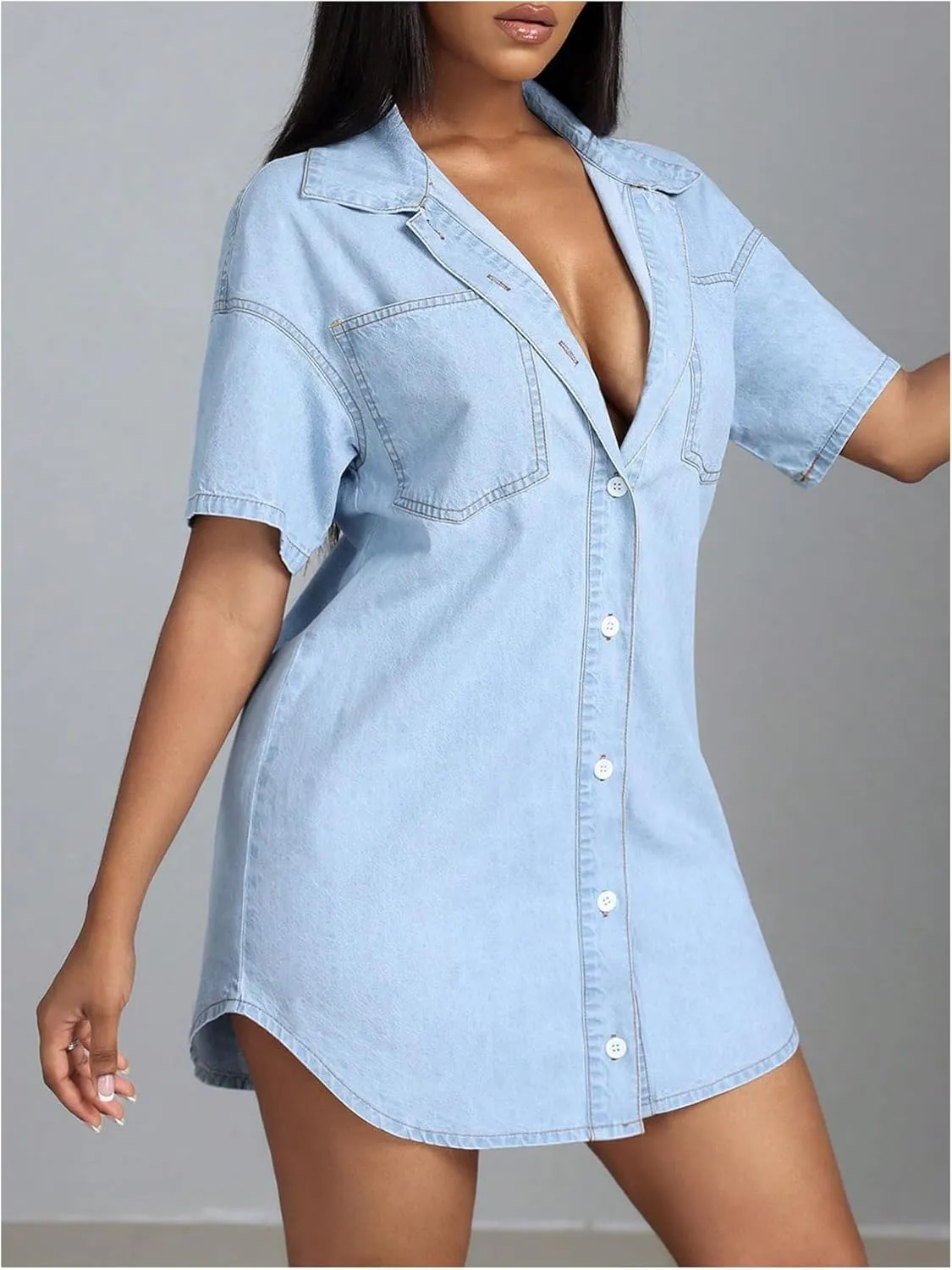 SHENHE Women's Denim Shirt Dress Button Down Short Sleeve Jean Shirt Dresses Mini Dress