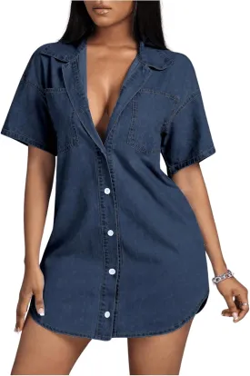 SHENHE Women's Denim Shirt Dress Button Down Short Sleeve Jean Shirt Dresses Mini Dress