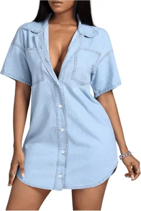 SHENHE Women's Denim Shirt Dress Button Down Short Sleeve Jean Shirt Dresses Mini Dress