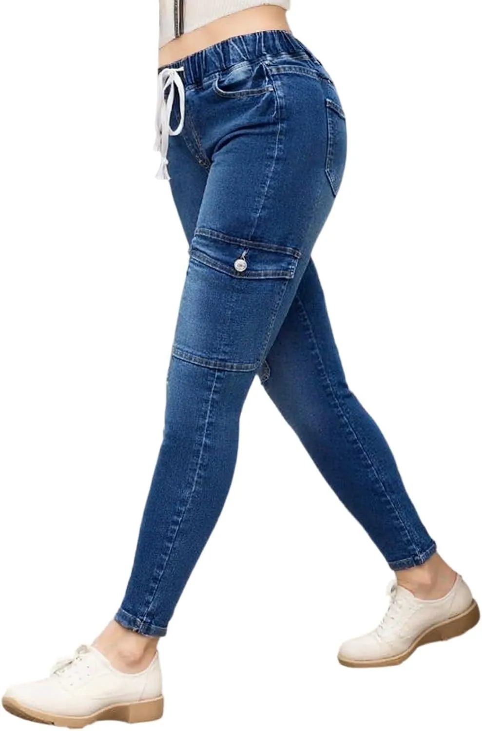 Straight Leg Jeans for Women Drawstring Elastic Waist Pull On Jeans Stretchy Boyfriend Baggy Cropped Denim Joggers