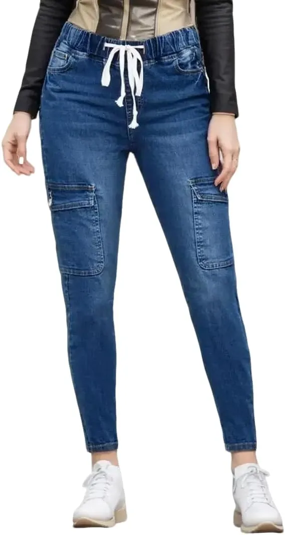 Straight Leg Jeans for Women Drawstring Elastic Waist Pull On Jeans Stretchy Boyfriend Baggy Cropped Denim Joggers
