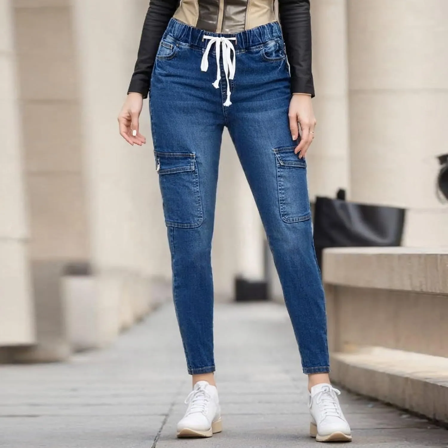 Straight Leg Jeans for Women Drawstring Elastic Waist Pull On Jeans Stretchy Boyfriend Baggy Cropped Denim Joggers