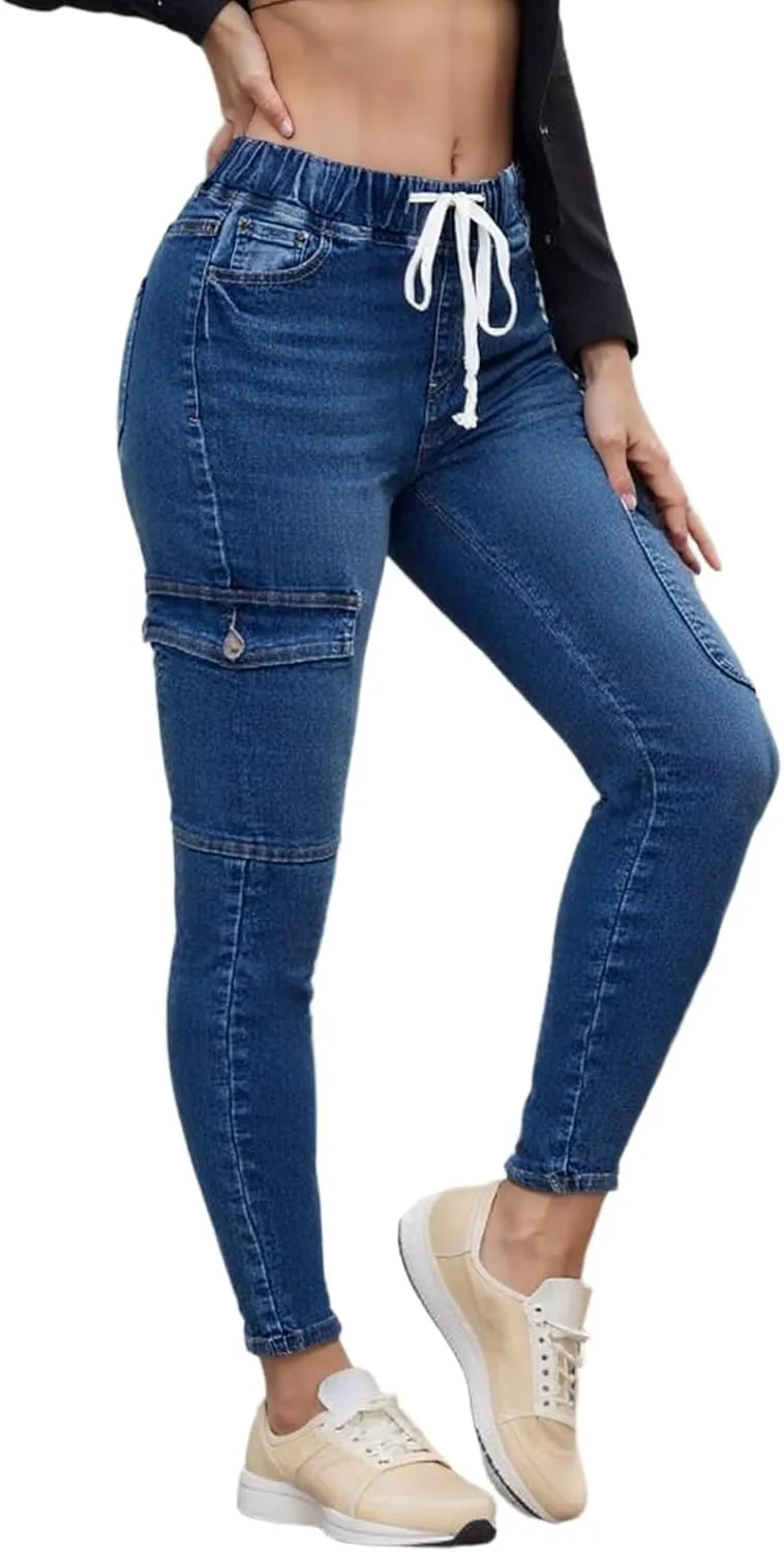 Straight Leg Jeans for Women Drawstring Elastic Waist Pull On Jeans Stretchy Boyfriend Baggy Cropped Denim Joggers