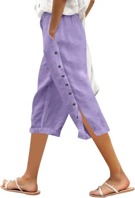 Tear Away Pants for Women Side Snap Button Capri Sweatpants Casual Loose Fit Post Surgery Adaptive Clothing with Pockets