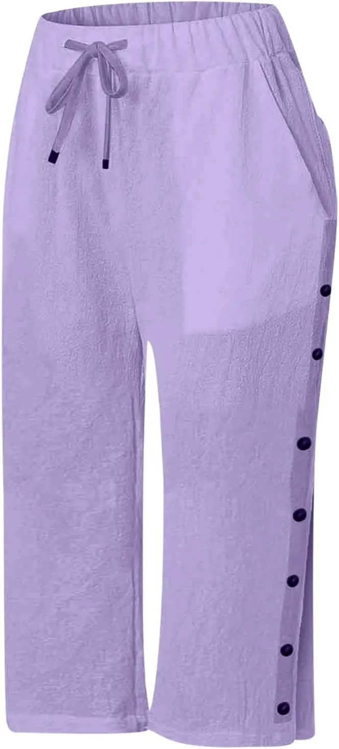 Tear Away Pants for Women Side Snap Button Capri Sweatpants Casual Loose Fit Post Surgery Adaptive Clothing with Pockets