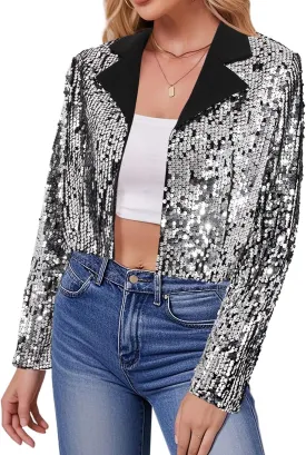 TYNORA Womens Sequin Jackets Long Sleeve Open Front Coat Glitter Short Blazer Casual Coat Party Club