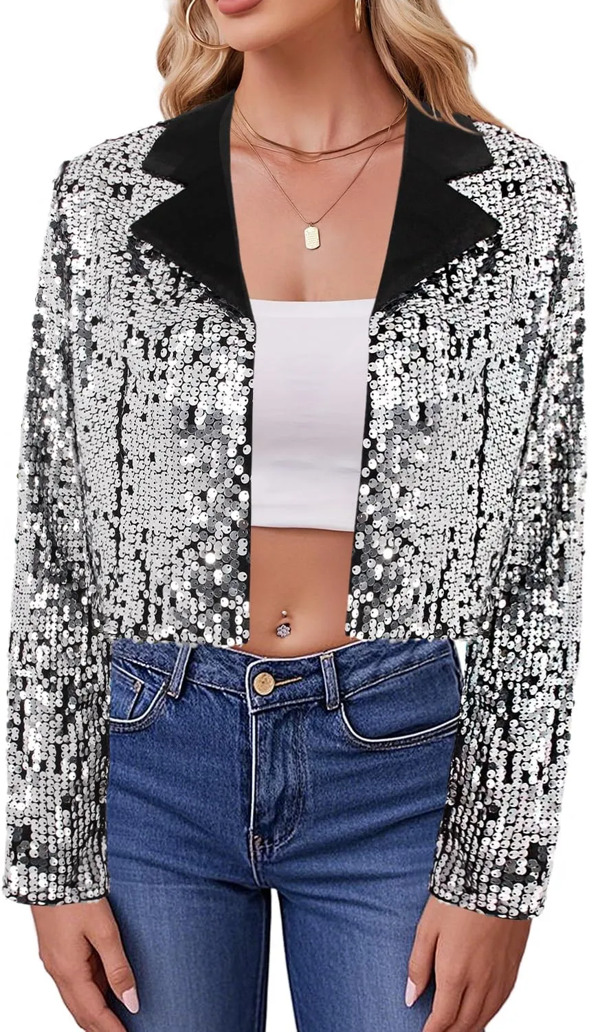 TYNORA Womens Sequin Jackets Long Sleeve Open Front Coat Glitter Short Blazer Casual Coat Party Club