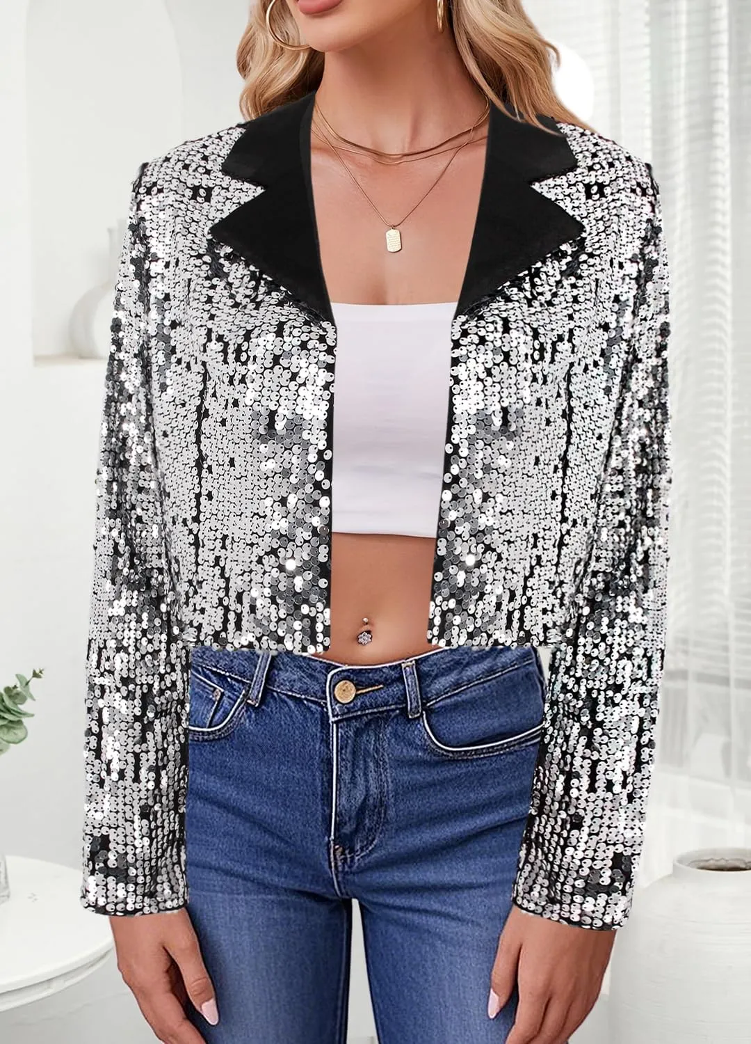 TYNORA Womens Sequin Jackets Long Sleeve Open Front Coat Glitter Short Blazer Casual Coat Party Club