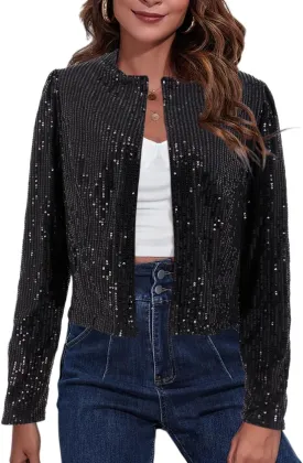 TYNORA Womens Sequin Jackets Long Sleeve Open Front Coat Glitter Short Blazer Casual Coat Party Club