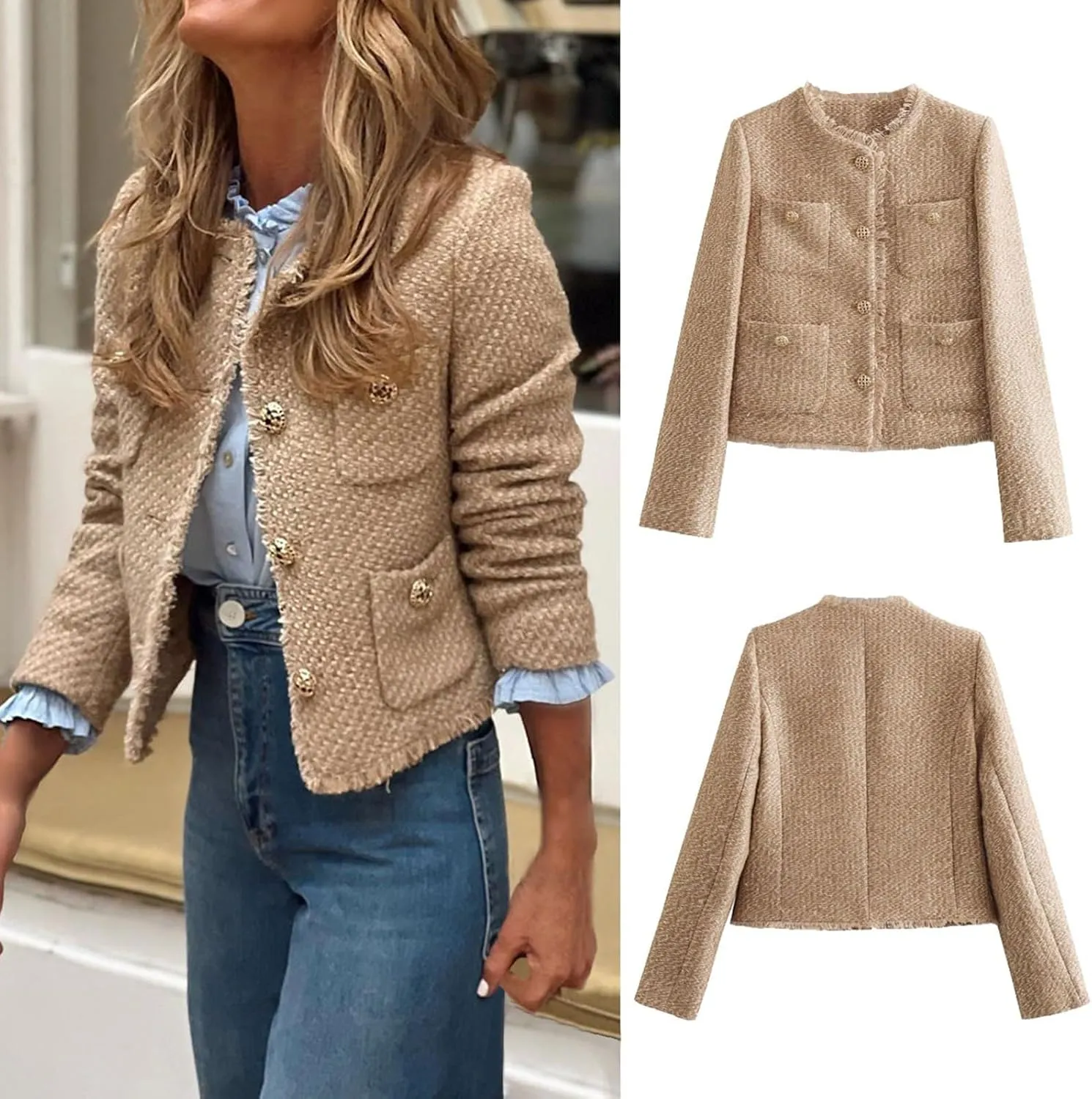 uhnmki Crop Tweed Blazer Jacket Women Collarless Open Front Button Down Business Work Casual Wool Jacket Coat