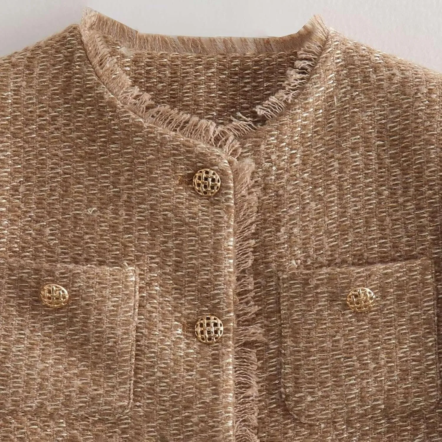 uhnmki Crop Tweed Blazer Jacket Women Collarless Open Front Button Down Business Work Casual Wool Jacket Coat