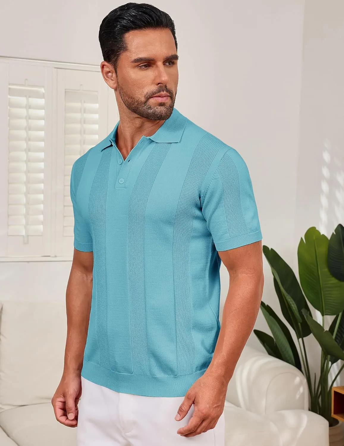 Vssjavun Mens Knit Polo Shirts Short Sleeve Textured Knitted Shirt Casual Golf Polo T Shirt