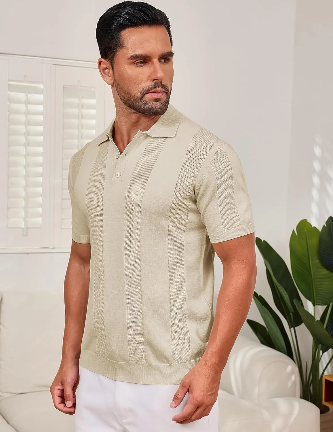 Vssjavun Mens Knit Polo Shirts Short Sleeve Textured Knitted Shirt Casual Golf Polo T Shirt