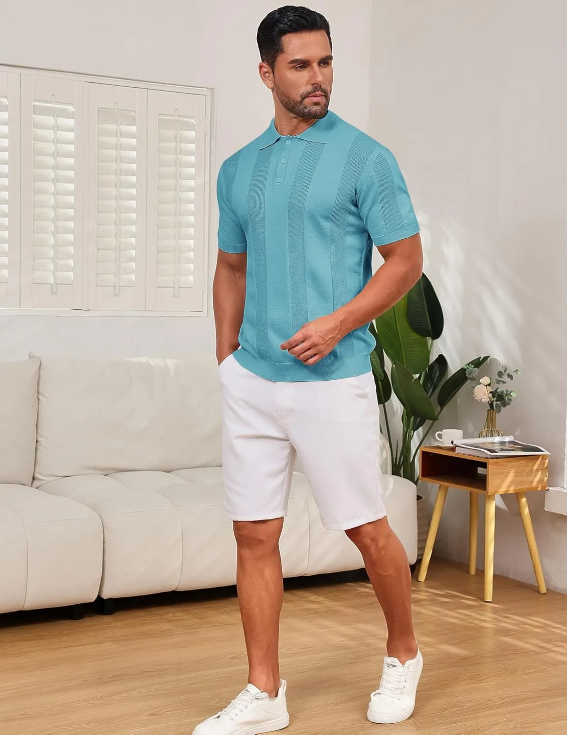 Vssjavun Mens Knit Polo Shirts Short Sleeve Textured Knitted Shirt Casual Golf Polo T Shirt