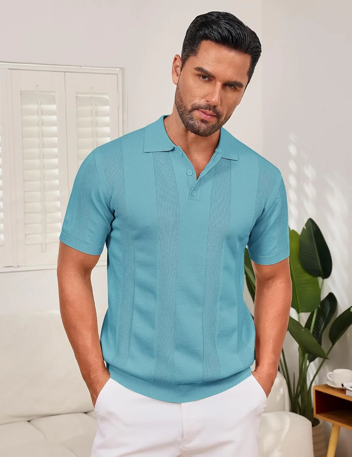 Vssjavun Mens Knit Polo Shirts Short Sleeve Textured Knitted Shirt Casual Golf Polo T Shirt