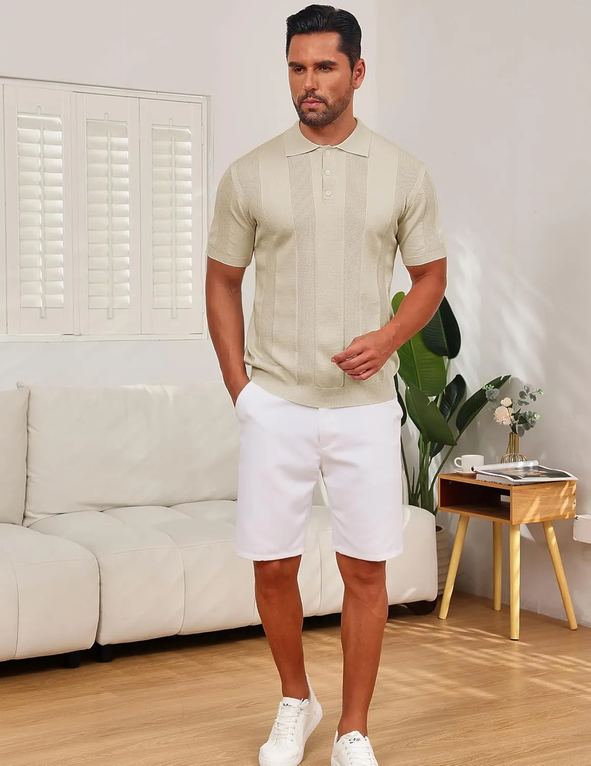 Vssjavun Mens Knit Polo Shirts Short Sleeve Textured Knitted Shirt Casual Golf Polo T Shirt