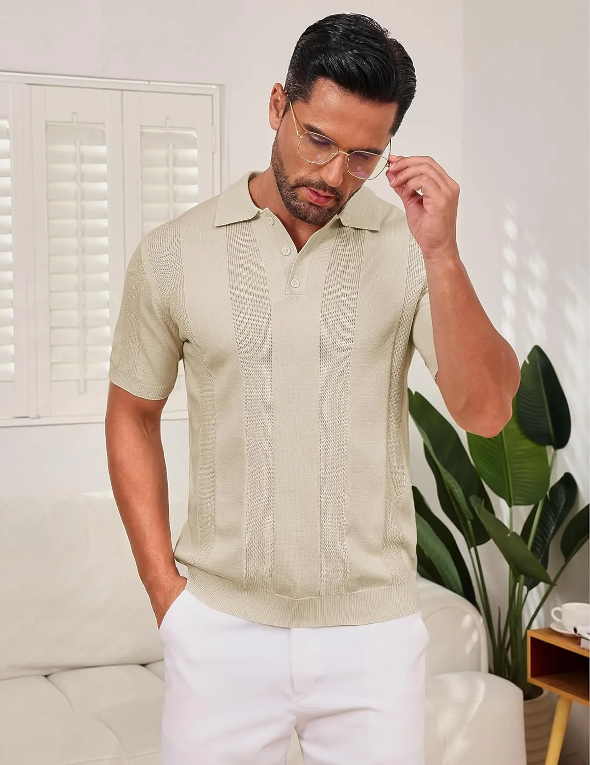 Vssjavun Mens Knit Polo Shirts Short Sleeve Textured Knitted Shirt Casual Golf Polo T Shirt