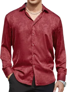 WARHORSEE Mens Silk Satin Dress Shirts Shiny Long Sleeve Button Down Shirt Party Prom Wedding Shirt