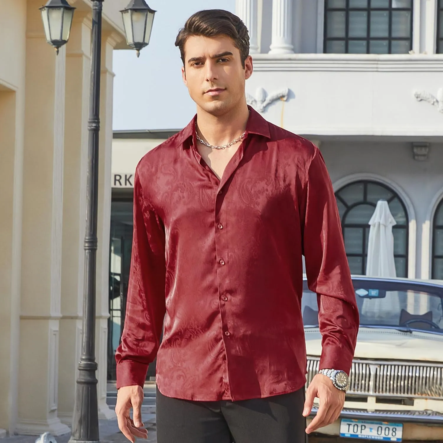 WARHORSEE Mens Silk Satin Dress Shirts Shiny Long Sleeve Button Down Shirt Party Prom Wedding Shirt