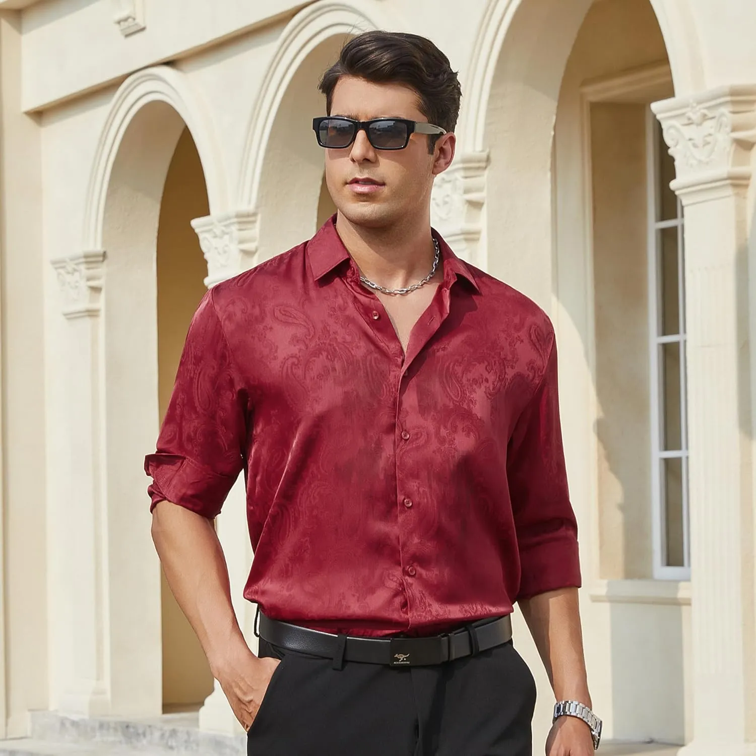 WARHORSEE Mens Silk Satin Dress Shirts Shiny Long Sleeve Button Down Shirt Party Prom Wedding Shirt