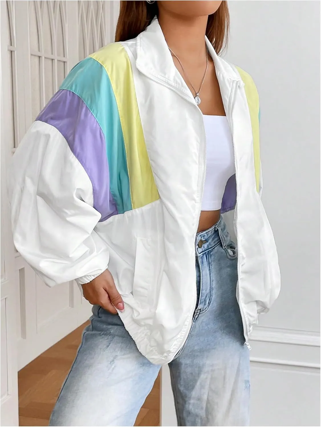 WDIRARA Women's Color Block Zip Up Lightweight Jacket Patchwork Sporty Windbreaker Jacket