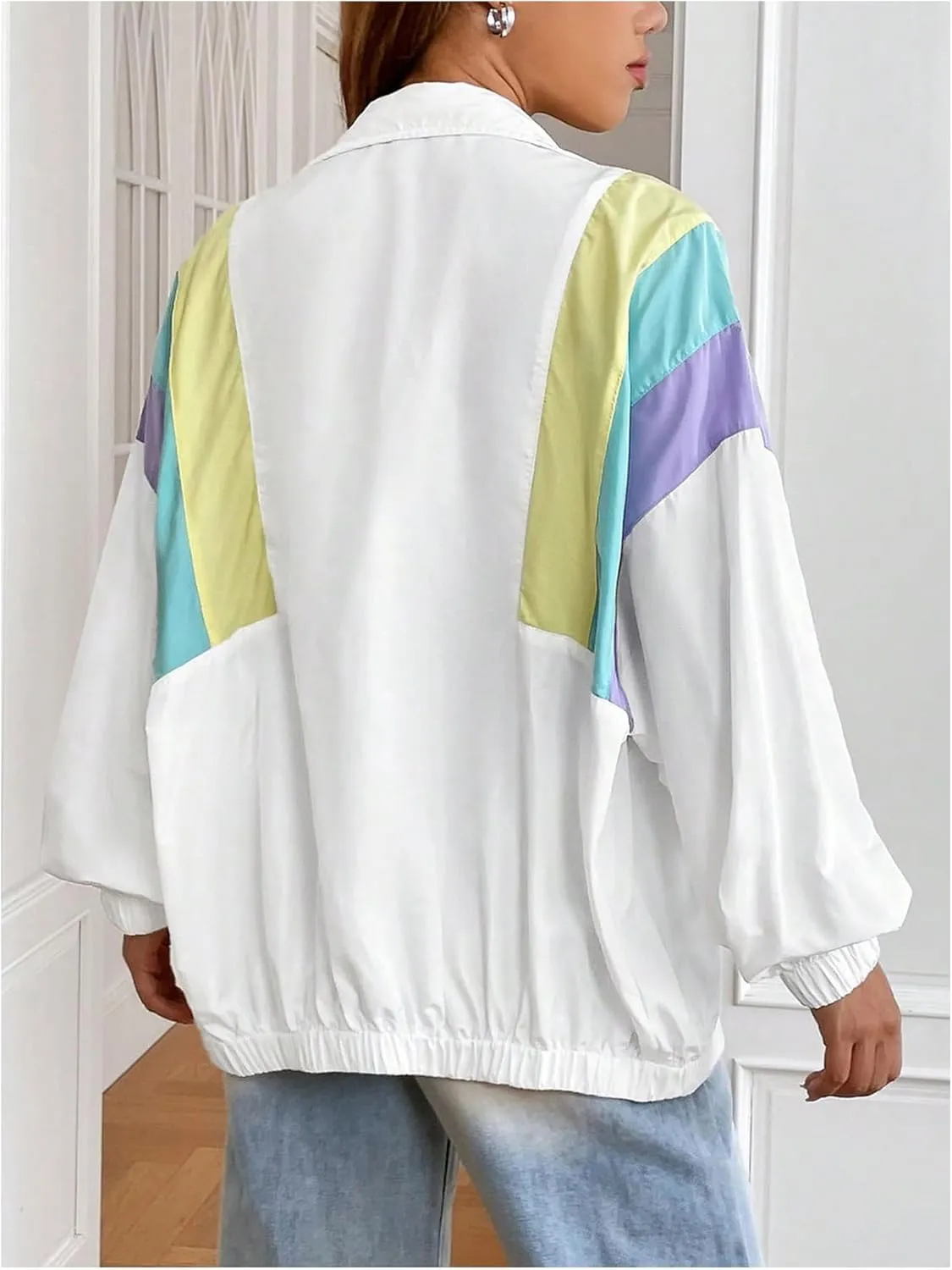 WDIRARA Women's Color Block Zip Up Lightweight Jacket Patchwork Sporty Windbreaker Jacket