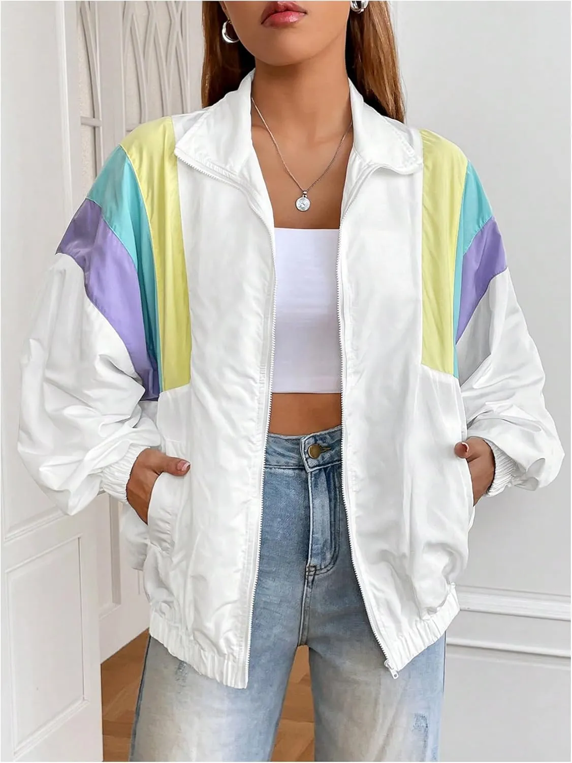 WDIRARA Women's Color Block Zip Up Lightweight Jacket Patchwork Sporty Windbreaker Jacket