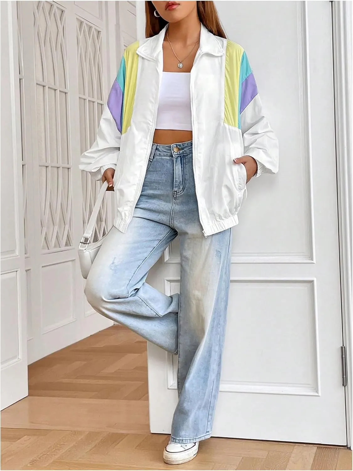 WDIRARA Women's Color Block Zip Up Lightweight Jacket Patchwork Sporty Windbreaker Jacket