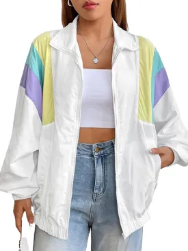 WDIRARA Women's Color Block Zip Up Lightweight Jacket Patchwork Sporty Windbreaker Jacket