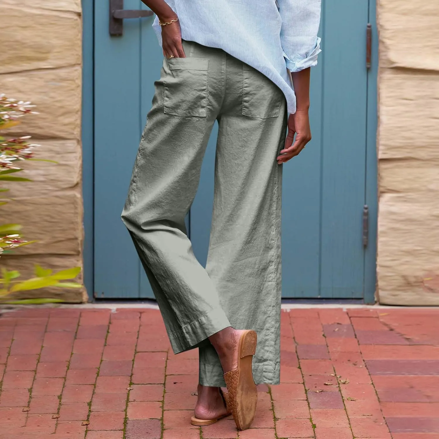 Wide Leg Linen Pants Women Cropped Elastic High Waisted Dress Pants Business Casual Comfy Work Pants with Pockets