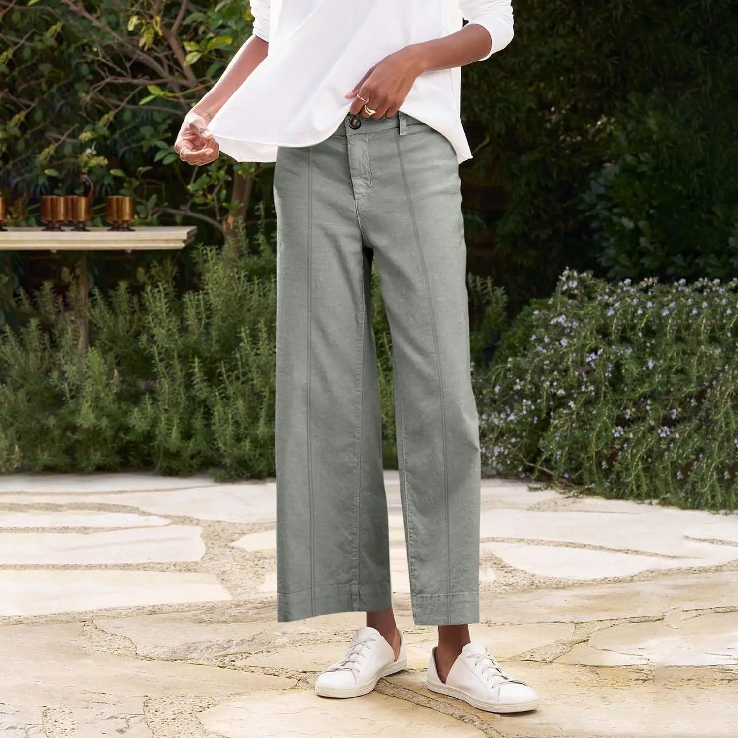 Wide Leg Linen Pants Women Cropped Elastic High Waisted Dress Pants Business Casual Comfy Work Pants with Pockets