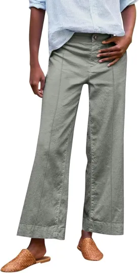 Wide Leg Linen Pants Women Cropped Elastic High Waisted Dress Pants Business Casual Comfy Work Pants with Pockets